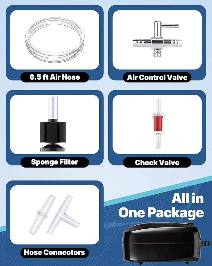 Uniclife Aquarium Air Pump, Adjustable Quiet Oxygen Pump for Fish Tanks, Airline Tubing & Accessories