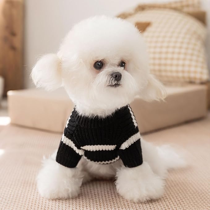 Small Dog Sweater with Cute Pocket Decoration, Striped Soft Stretchable Warm Puppy Clothes for Small Dogs Cats, French Bulldog, Chihuahua for Winter