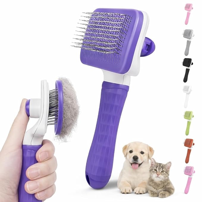 Pet Grooming Brush for Cats & Dogs, Self-Cleaning Undercoat Deshedding & Massage Tool, Purple
