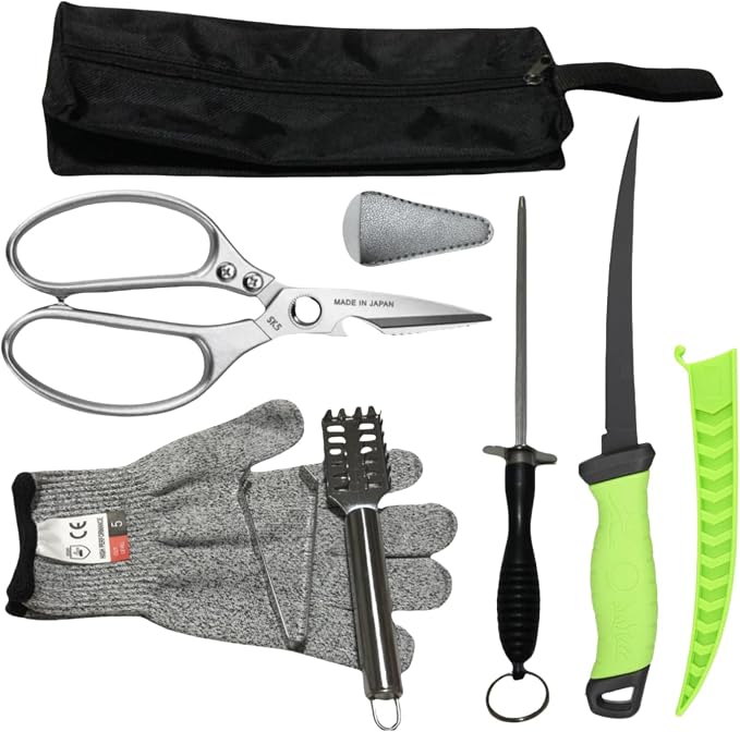 Fishing Knife Set, Fish Cleaning Kit, Filet Knife for Fish, Fish Scale Cleaning Brush, Multi-Functional Scissors, Gloves, Fishbone Tweezers, Storage Bag,Fishing Accessories,Fishing Tool Kit