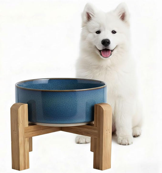 hjn Elevated Ceramic Dog Bowl with Bamboo Stand, Raised Pet Feeding Station for Small Medium Dogs Cats, Modern Design with Anti-Slip Base (Deep Blue, 3.6Cup)