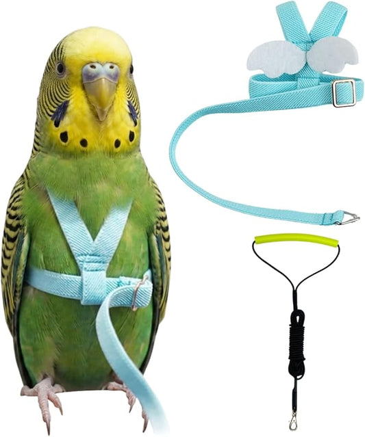 Adjustable Bird Harness with Elastic Leash, Pet Parrot Harness and Leash, Adjustable Training Design Anti-Bite, Bird Nylon Rope with Cute Wing for Conure (Lake Blue,XS)