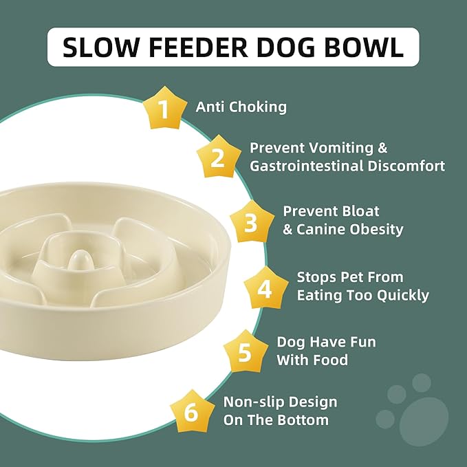 Havniva Ceramic 1.2 Cup Slow Feeder Dog Bowl for Medium and Small Breed, 7.3inch Puzzle Dog Food Dish, Anti-Gulping, Stop Bloat, Preventing Choking (Single Bowl-Light Yellow)
