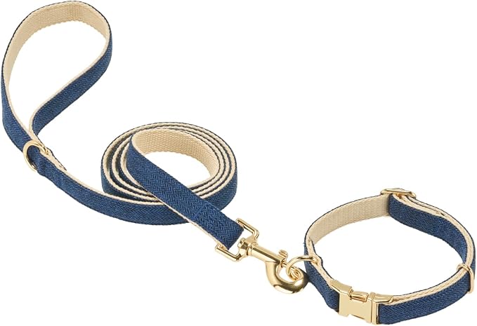Luxury Soft Cotton Tweed Fabric Dog Collar & Leash Set with Gold Buckle – Durable Fabric, Stylish Design for Everyday Walks(Medium Navy)