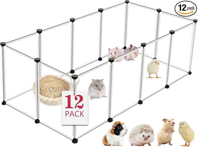 VISCOO 12 Panels Transparent Small Animals Playpen,48" x 24" x 16" Portable Pet Playpen,Plastic Enclosure,Puppy Play Pen for Indoors Outdoor Pet Fence for Guinea Pigs,Bunny,Ferrets,Hamsters,Hedgehogs