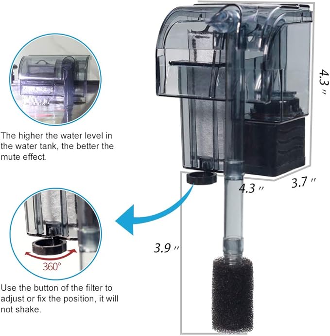 Boxtech Aquarium Hang On Filter - Power Waterfall Suspension Oxygen Pump - Submersible Hanging Activated Carbon Biochemical Wall Mounted Fish Tank Filtration Water (5-10 Gal)
