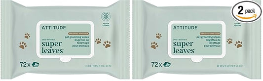 ATTITUDE Pet Grooming Wipes, Hypoallergenic Plant and Mineral-Based Ingredients, Vegan and Cruelty-Free Biodegradable Products, Unscented, 72 count (Pack of 2)