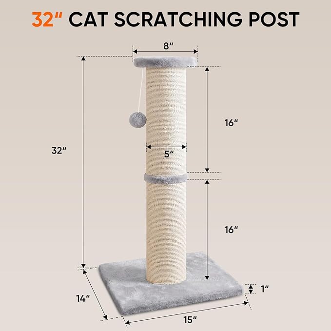 PAWSCRAT Cat Scratching Post 32" Tall, Large Diameter Natural Sisal Cat Scratch Post with Dangling Ball for Indoor Cats, Scratch-Resistant Durable and Protect Your Furniture, LightGrey