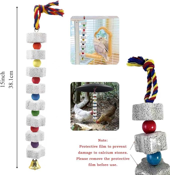 2 Pack 11.5" Large Lava Stone Bird Toys - Natural Beak Grinding Block with Hemp Rope - Hanging Cage Accessories for Parrots, Cockatiels, Conures & Parakeets