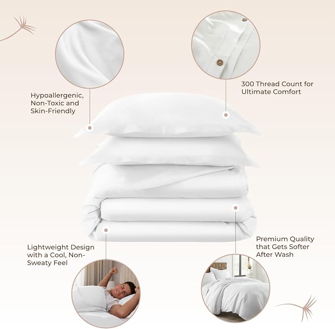 100% Organic Cotton Duvet Cover Queen Size - Naturally Soft Lightweight & Cooling Duvet Cover Set with Decorative Shams - Premium GOTS Certified 300 Thread Count Sateen Weave (White, Queen)