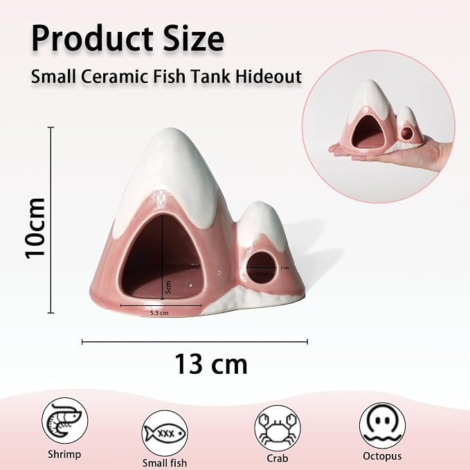 Cute Pink Aquarium Decor Ceramic Mountain Betta Fish Tank Cave | Smooth-Surface Safe for Fish Hiding & Breeding, Easy-Clean, No Assembly, for Play & Rest,Fits 3.5-5 Gallon Fish Tanks