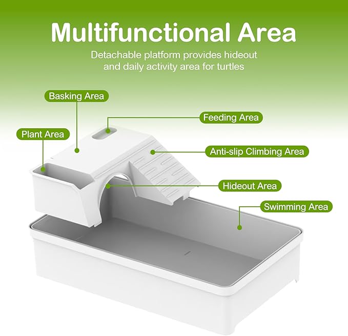 Turtle Tank Acrylic Habitat Kit with Silent Filter & Bottom Drain,UVB Basking Platform Light,Multi-Zone Aquatic Tortoise Enclosure with Hideout,Feeding Area,Plant,Net & Accessories for Baby