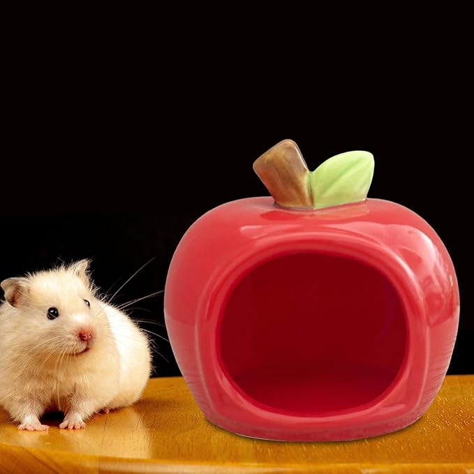 Ceramic Hamster House Cartoon Pet House Decor Furniture Hamster Nest Habitat for Chinchilla All Season Dwarf Ferret, Red