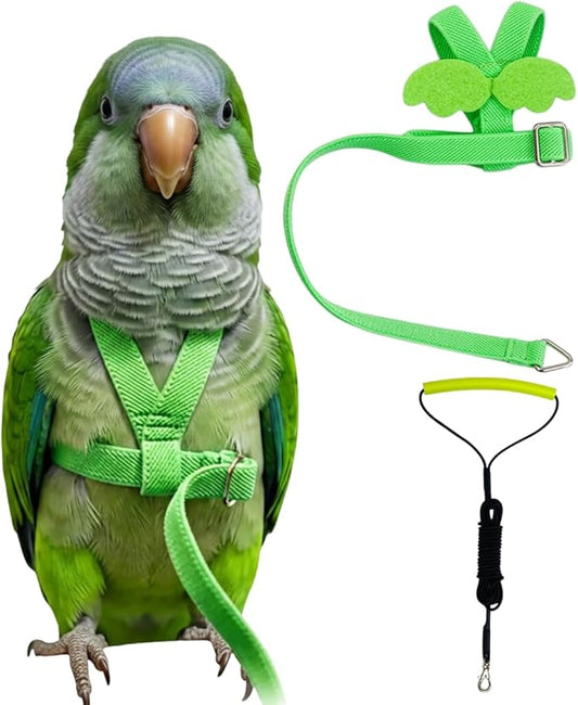 Adjustable Bird Harness with Elastic Leash, Pet Parrot Harness and Leash, Adjustable Training Design Anti-Bite, Bird Nylon Rope with Cute Wing for Conure (Green,L)