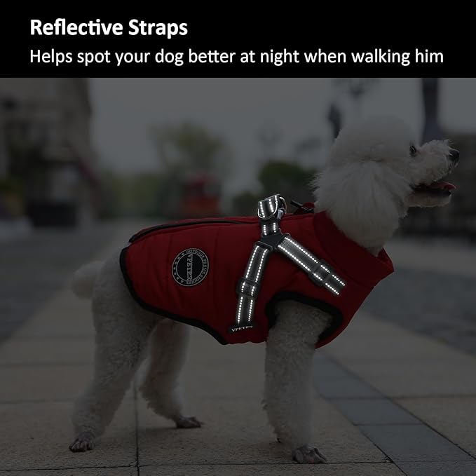 Dog Winter Coat,Warm Jacket Paded Fleece Pet Vest with Built in Harness,Windproof Reflective Cozy Adjustable Snow Pet Coat Clothes with Zipper for Small Medium Dogs