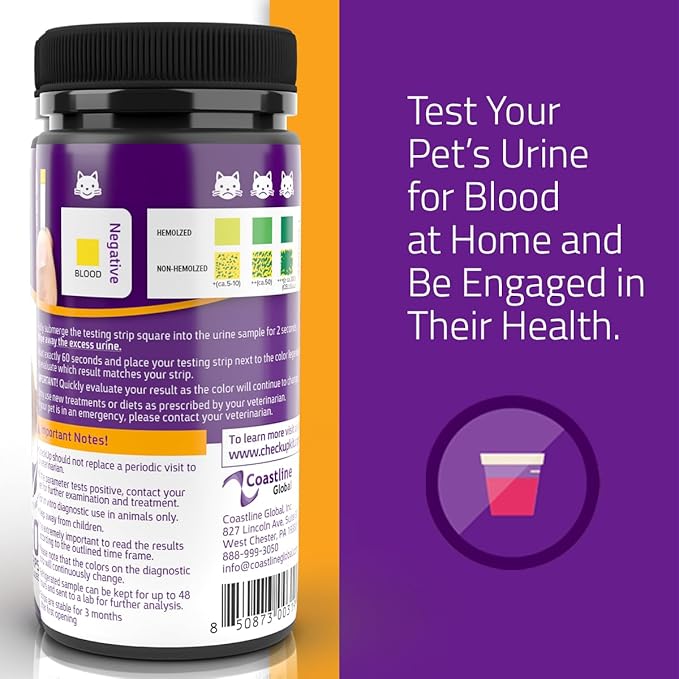 KIT4CAT CheckUp Blood in Urine Test Strips for Cats & Dogs | At-Home Hematuria Detection, Urinary Health Monitoring – 50 Reagent Strips