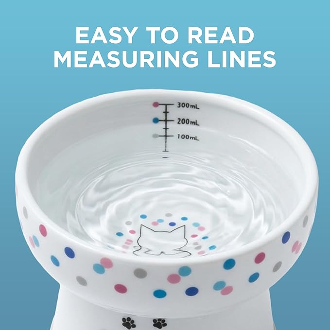 Necoichi Elevated Cat Water Bowl – Ceramic Raised Cat Bowl, Prevents Neck & Whisker Fatigue – Dishwasher & Microwave Safe – Pet Water Bowl for Cats (Colorful Dots, Extra Tall)