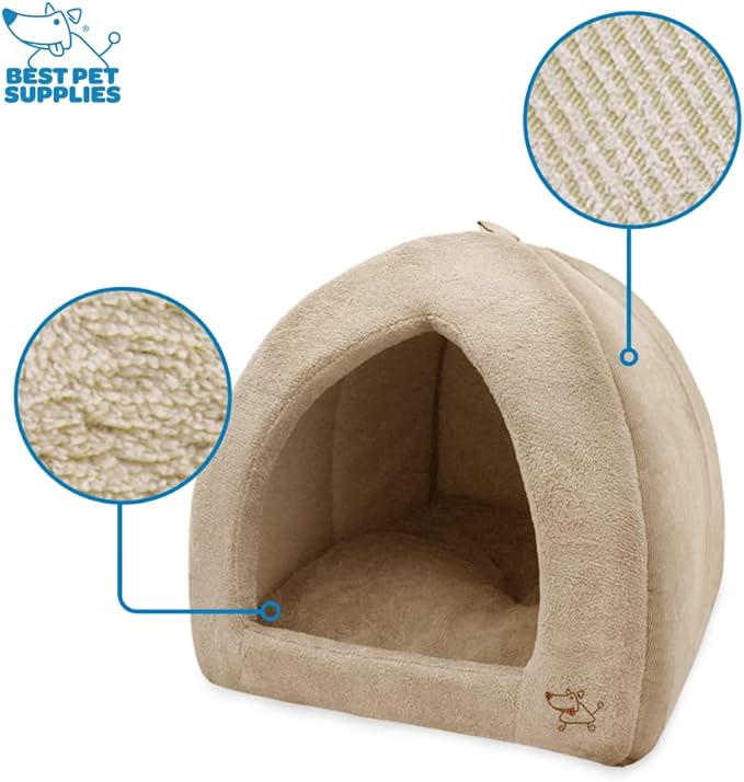 Best Pet Supplies Cat Bed for Indoor Cat, Domed Tent House with Removable Pillow, Covered Cat Cave for Small Dog, Puppies and All Breeds of Cats - Tan, 19 x 19 x H:19"