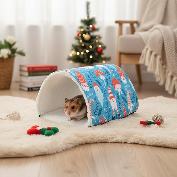 Guinea Pig Tunnel and Bed 2-Pack Set, Chew Proof Small Animal Hideout & Play Tube with Soft Bedding, Holiday Christmas or Natural Leaf Design for Guinea Pigs, Hamsters, Rabbits (Blue)