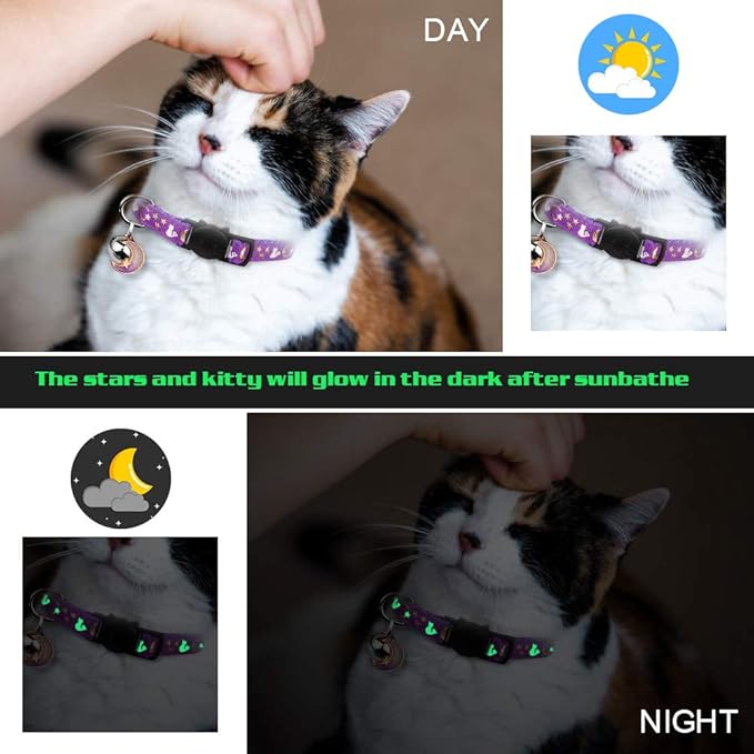 4PCS Cat Collar with Bells,Breakaway Cat Collars,Moons Stars Cute Kitty Adjustable Safe Kitten Collars Pendant Glow in The Dark,Cat Collars for Boy Cats 8.0-13.0 Inch(2 Black & 2 Purple)