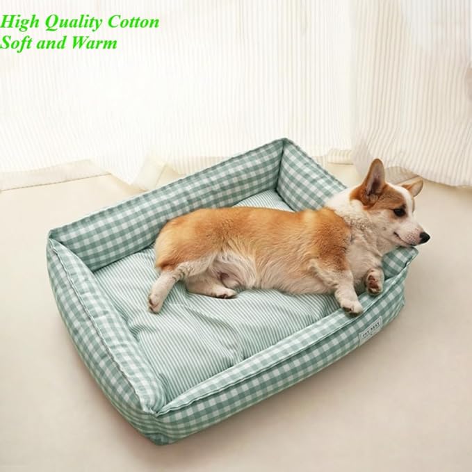 Orthopedic Rectangle Dog Bed for Medium Small Dogs, Plaid Plush Modern Puppy Sofa Bed with Anti-Slip Bottom, Cute Calming Pet Bed(Green,X-Large)