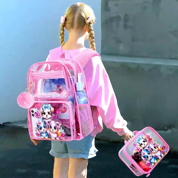 AGSDON 3PCS Clear Backpack for Girls, See Through Backpacks for Kids with Lunch Box, Heavy Duty Transparent Bookbag - Dog