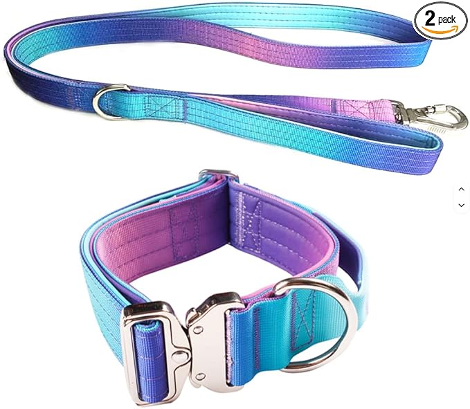 Haminway Galaxy Glow - Tactical Combat Heavy Duty Dog Collar + Leash Set with Metal Buckle - Reflective Gradient Color Design, Durable for Large Dogs, Training & Outdoor Walking (L Size) (Pink-Blue)