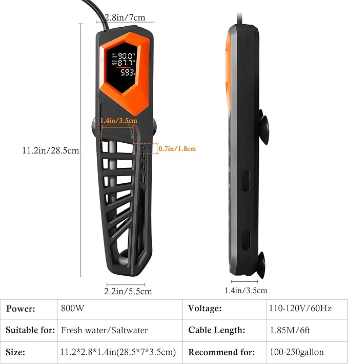 HITOP 800W Titanium Aquarium Heater - with External Controller Submersible Heater for Large Fish Tank up to 250 Gallon, Shatterproof Heater for Fish or Turtle Saltwater and Fresh Water