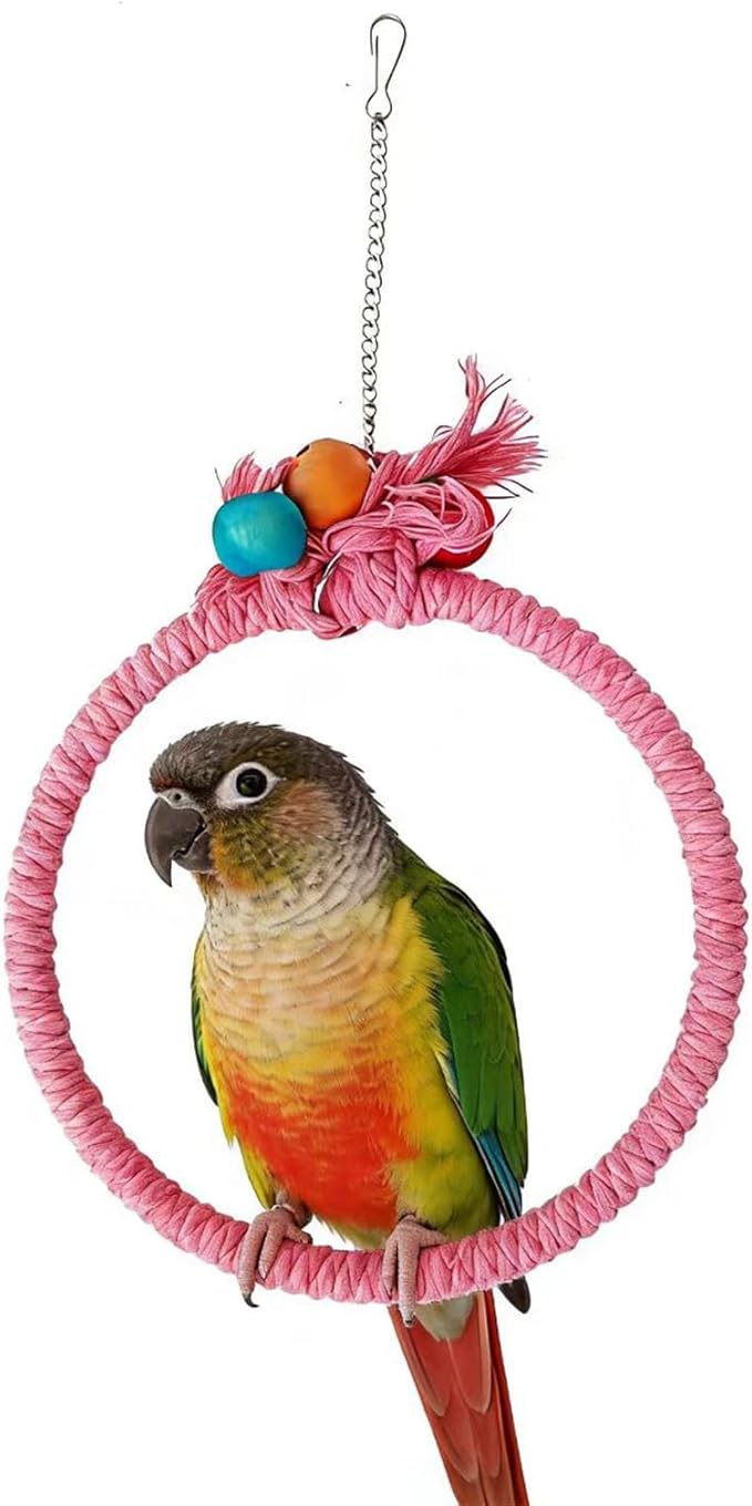 Colorful Circular Bird Swing,Bird Rope Chewing Toys Parrot Cage Bite Toys (Large Round Pink)