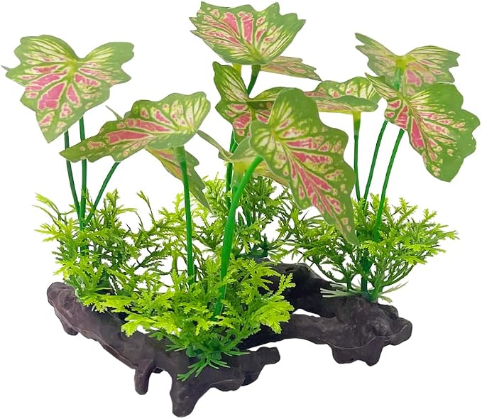 Aquarium Plant Fish Tank Decoration Small Plastic Artificial Plant Goldfish Fish Hide (Rainforest Leafs-Pink-Small-Set)
