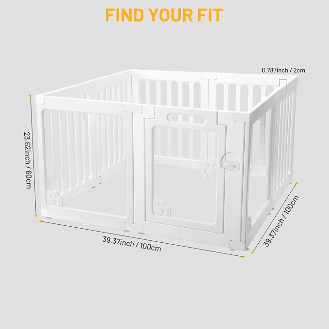 Dog Fence Pet Playpen Clear Acrylic Puppy Cat Small Play Pen Indoor Foldable Kennel Whelping Box for Dogs with Gate (5 Plastic Panels+3 Transparent Panels)
