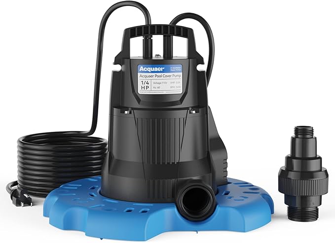 Acquaer 1/3 HP Automatic Swimming Pool Cover Pump, 2950 GPH Submersible Sump Pump with 3/4” Check Valve Adapter & 25ft Power Cord, Water Removal for Pool, Hot Tubs, Rooftops, Water Beds, Black & Blue
