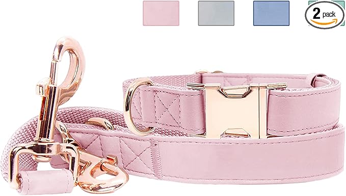 Soft Leather Dog Collar and Leash (6.6') Set - Stylish Rose Gold Heavy Duty Metal Buckle, 4 Adjustable Lengths Leash for Small Medium Large Dogs - Comfortable & Easy to Clean Pink L(15.4"-24.8")