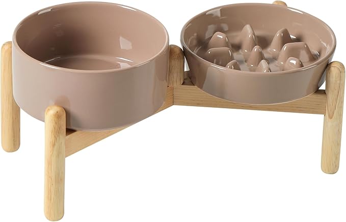Havniva Ceramic 0.9 Cup Raised Slow Feeder Dog Bowl Set, Elevated 6.1inch Slow Dish and 6.1inch Water Bowl with Wooden Stand for Small Dogs (2 x Brown Coffee+ Stand)