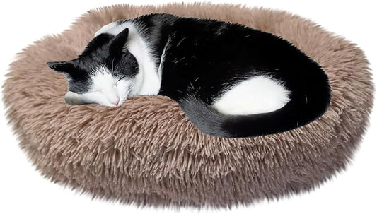 Whiskers & Friends Cat Beds for Indoor Cats, Fluffy Calming Donut Cat Bed, Small Dog Bed Washable - Orthopedic Soft Plush Pet Beds Sized for Kitten to Large Cats & Puppy to Small Dogs - Beige Brown