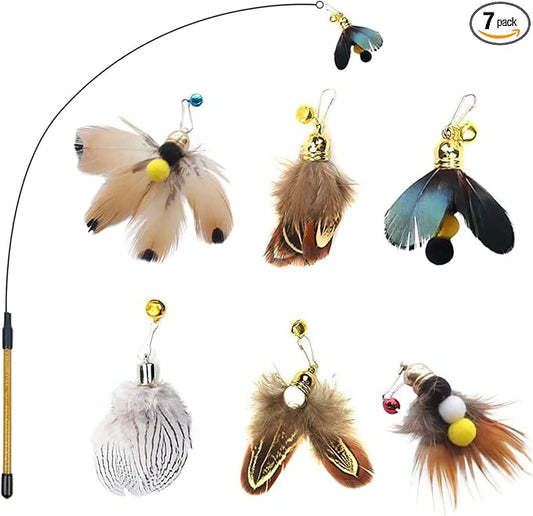 Cat Insect Feather Toys - Cat Wand and 6 Natural Insect Feathers Refill, Interactive Teaser with Bell