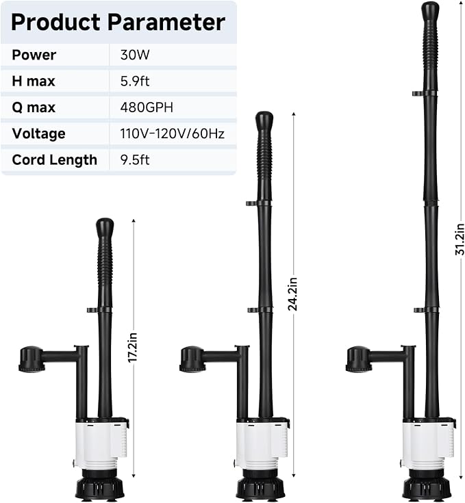 AQQA Electric Aquarium Gravel Cleaner, 8-in-1 Fish Tank Vacuum | Water Changer Sand Washer Algae Brush Turtle Shower Filter, Automatic Cleaning Kit for Freshwater Saltwater, 30W/480GPH