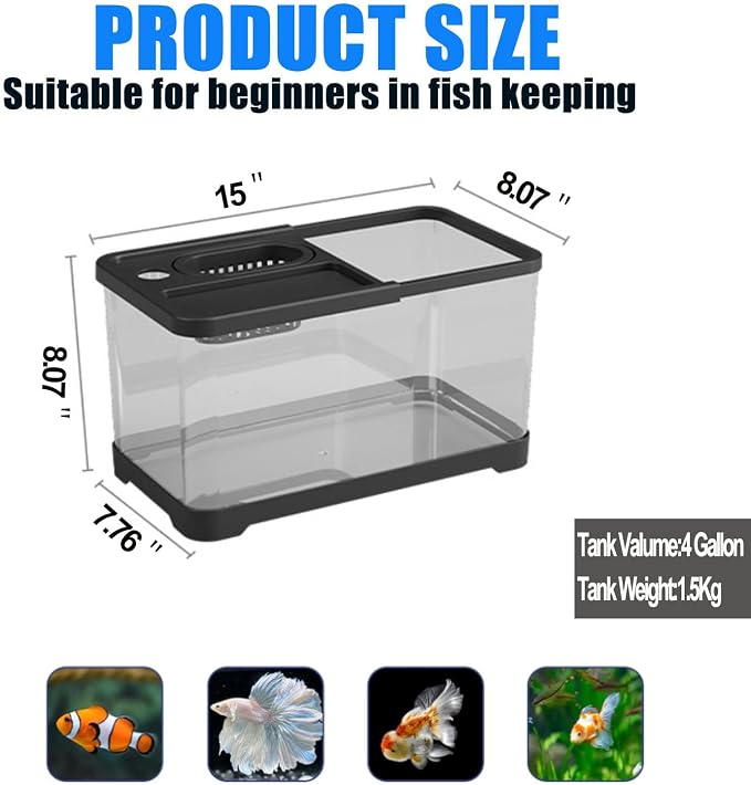 4 Gallon Fish Tank, Aquarium Plastic Starter Kit with Filter, Small Net and LED Light, Fish Tank for Betta, Plastic Nano Aquarium with Lid(15 * 7.87 * 8.07 inch/Black) (4 Gallon Fish Tank)