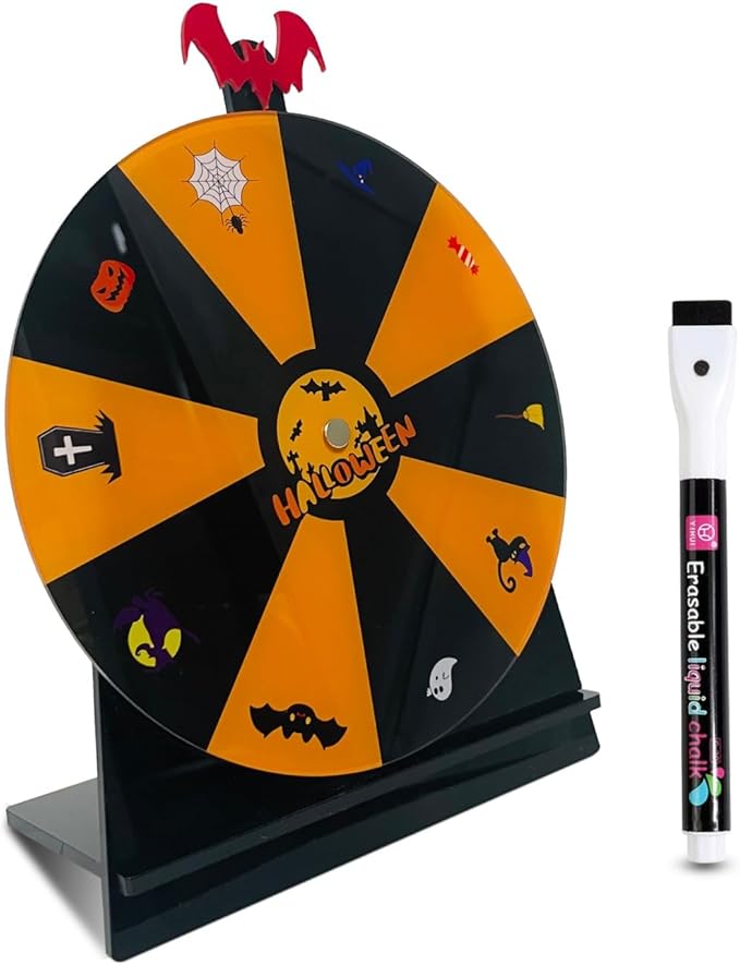 iobiotio Halloween Party Spinning Prize Wheel, 8 inch Halloween Game Spinner Wheel for Prizes with Stand, 10 Slots Color Small Tabletop Roulette Spinner, Easy Assembly and Erasable, Portable