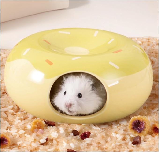 Hamster Hideout Ceramic,Small Pet Furniture,Donut-Shaped Small Pet Cage Cooling House,Summer Cage Accessories (Yellow,S)