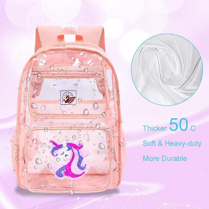 3PCS Clear Backpack for Girls, Kids Unicorn Transparent Backpack with Heavy Duty PVC, See Through Backpacks with Lunch Bag-Pink