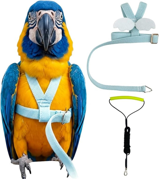 Adjustable Bird Harness with Elastic Leash, Pet Parrot Harness and Leash, Adjustable Training Design Anti-Bite, Bird Nylon Rope with Cute Wing for Conure (Light Blue,Macaw)