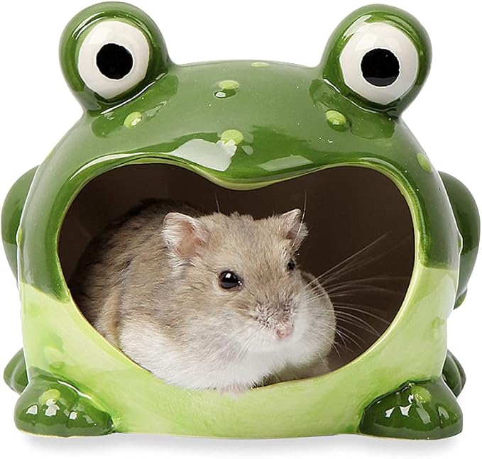 Hamster Ceramic Hideout and House-Small Animal Hut-Cute Frog Hide Habitat for Small Pet