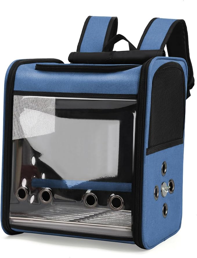 Bird Stroller Bird Backpack Carrier with Perch 14 * 11 * 16in Panoramic View with 3 Side Vents Removable Tray for Conures Parakeet Budgie (Blue)