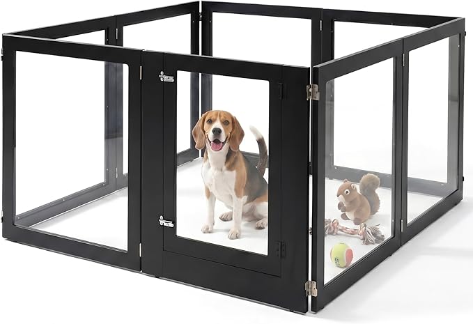 Heavy Duty Clear Acrylic Dog Playpen for Small/Medium Pets – 32" High Clear Pet Pen with Sturdy Metal Frame, Walk-in Kennel, Expandable Indoor & Outdoor Pet Play Yard (Black, 8 Panels Including Door)