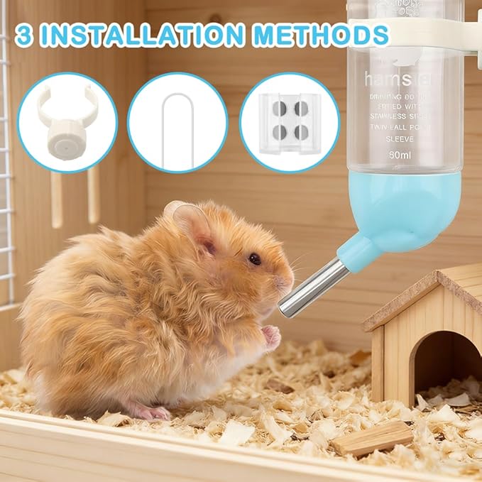 Hamster Water Bottle with Magnetic Holder, Secure & No Drip, Adjustable Height, Fits Glass/Acrylic/Metal Wire Cages, for Hamster, Guinea Pig, Hedgehogs and Other Small Pets(Clear)