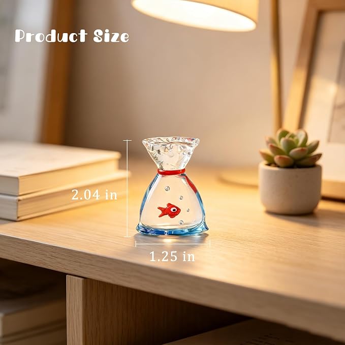 Hand Blown Glass Fish in Bag Figurine, Mini Art Glass Goldfish Ornament, Handmade Crystal Fish Bag Collectible Statue, Tabletop Decor Gift for Fish Lovers Home Shelf Decoration (Small Lucky Bag Fish)