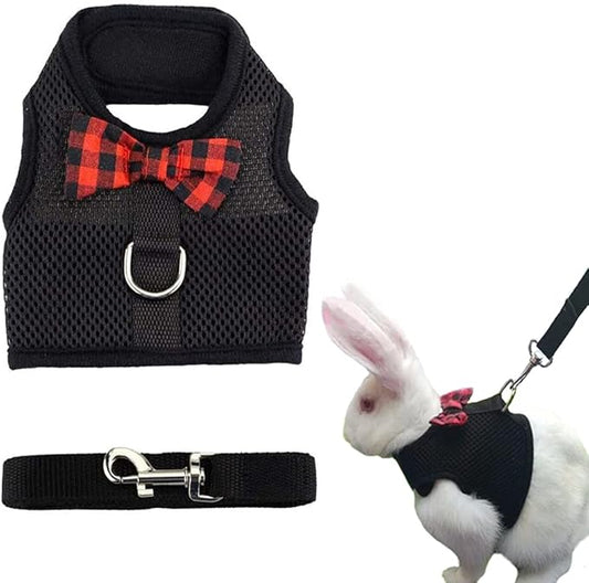 ASOCEA Adjustable Bunny Harness and Leash Breathable Mesh Vest Harness for Rabbits Walking Soft Pet Harness Vest Cloth Lead for Small Animals Rabbits Ferret Kitten Black M