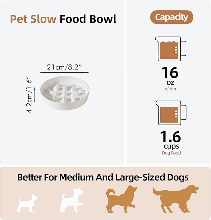 Havniva Slow Feeder Dog Bowls, 1.6 Cups Ceramic Dog Food Bowls 8.2 inch Slow Feeder for Medium Dogs Puzzle Bowls for Fast Eater, Pet Slow Feeding Dish Anti-Choking