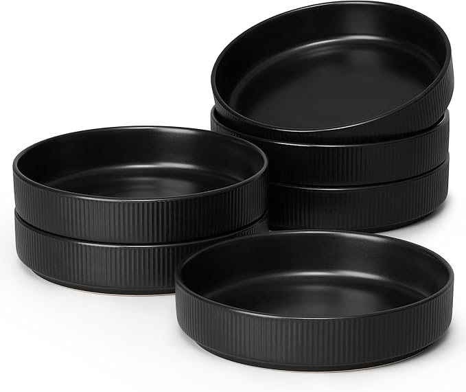 E-far Pasta Bowls Set of 6, 35oz Large Salad Bowl Plate for Dinner Serving Soup, Wide & Shallow Ceramic Stoneware Pasta Plates, Microwave & Dishwasher Safe, Reactive Glaze Texture-Stripe, Matte Black